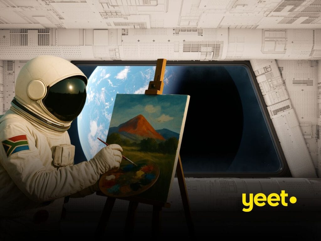 Astronaut in space painting a mountain